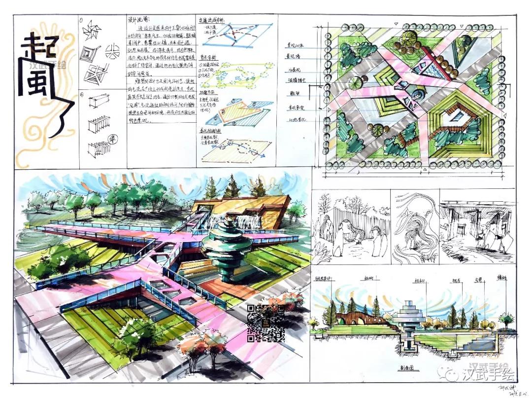 环艺广场景观茶室建筑设计考研手绘快题分享