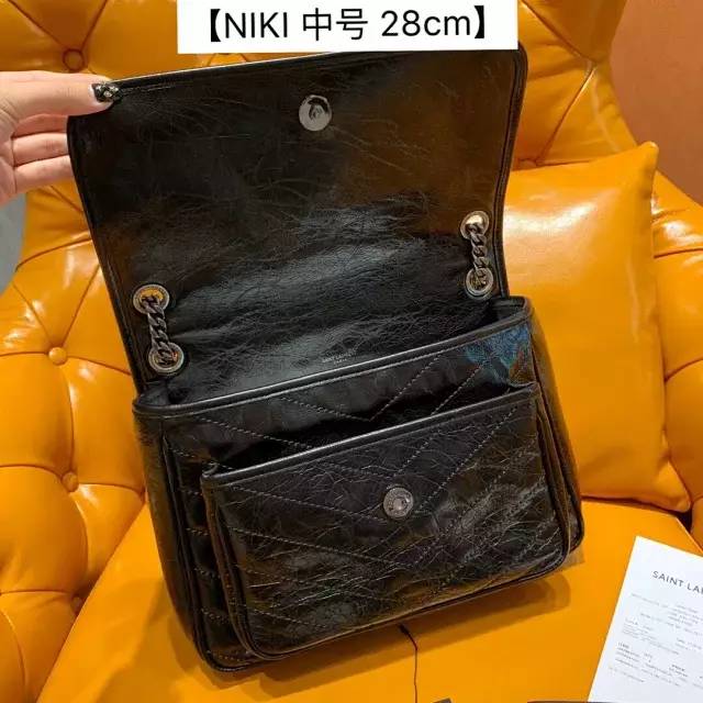 最新款圣罗兰niki链条包中号28cm进口油蜡抓皱牛皮皮质柔软舒适ysl