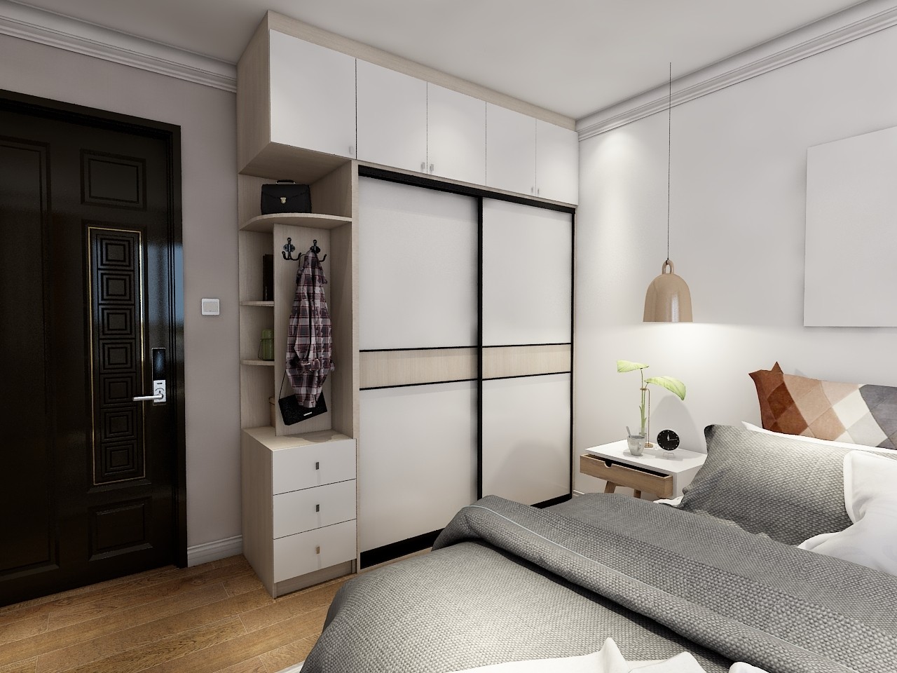 转角衣柜其实也称为l型衣柜,一般依靠卧室90°转角式墙体进行设计