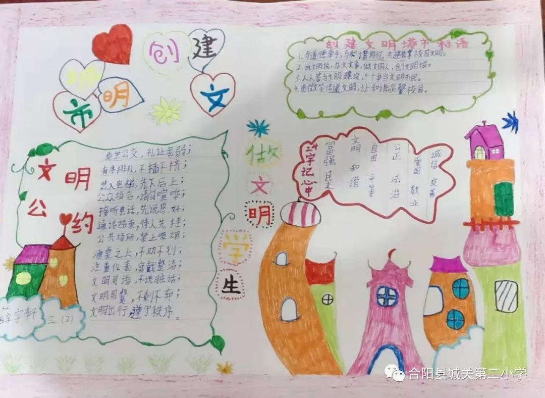 一张张精美的手抄报,表达了学生践行社会主义核心价值观的决心:说文明