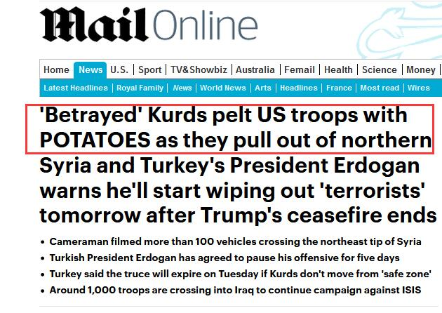 美军撤离叙北，库尔德人用土豆猛砸军车“送行”