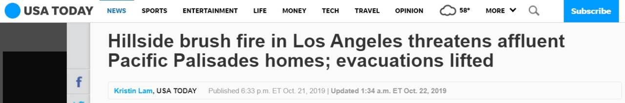 野火蔓延洛杉矶富人区，美国洛杉矶消防局一度发布紧急撤离令