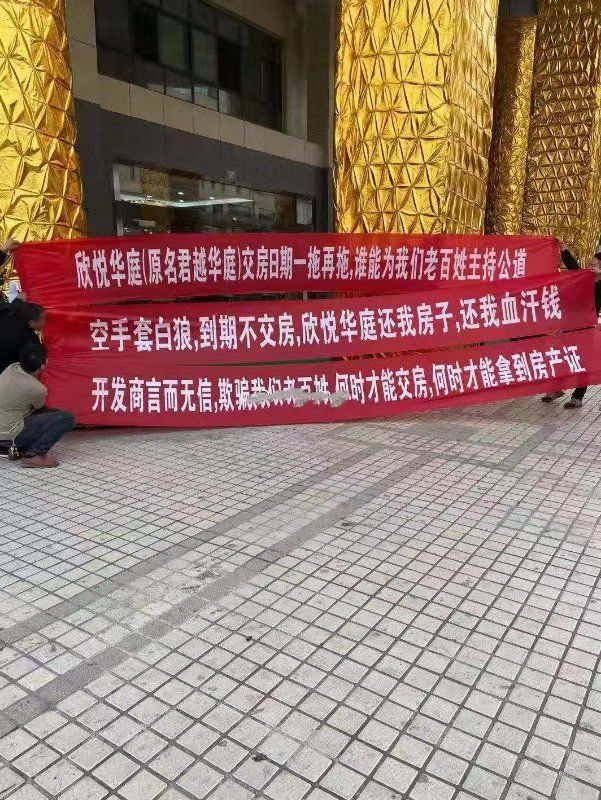 "开发商言而无信,欺骗老百姓"欣悦华庭还我房子,还我血汗钱"等标语