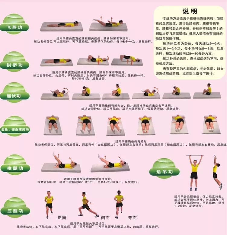 在预防上,川木收集的这套腰椎疾病功能锻炼图得坚持锻炼起来!