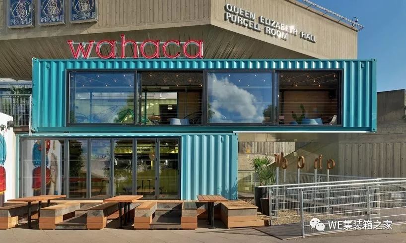     wahaca 集装箱餐厅的蓝灰色环境  典型的墨西哥主题  海洋蓝天的