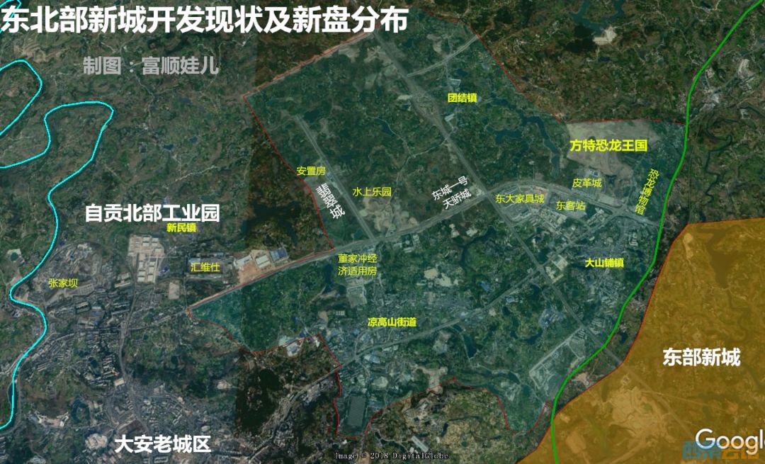 东北部新城,作为大安区主导的自贡区级新城,其规划并不晚于沿滩新城