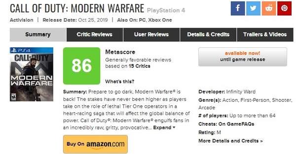《使命召唤16》首批媒体评分出炉M站均分86好评如潮_现代战争