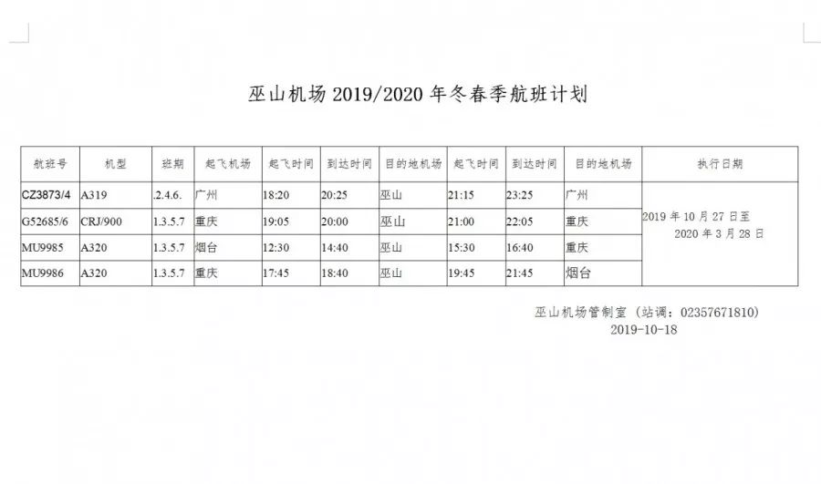 巫山机场最新航班时刻表来了!