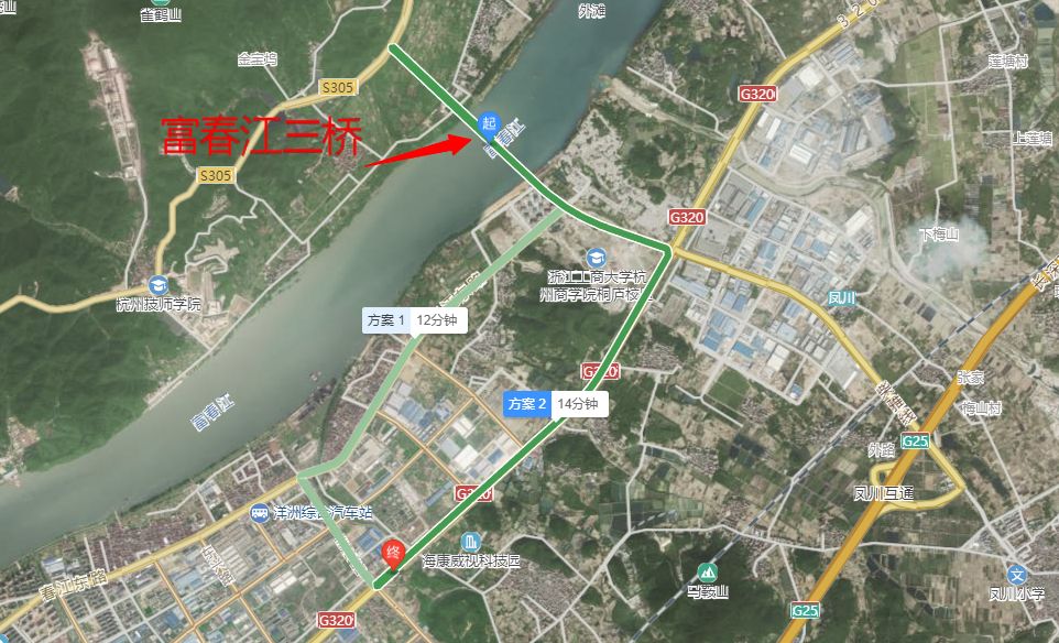 s302省道进行绕行和在桐庐富春江三桥北侧处由富春江三桥--320国道