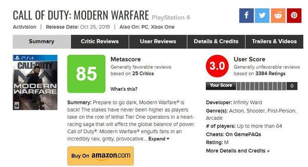 《现代战争》MC用户评分仅3.0俄罗斯玩家疯狂差评