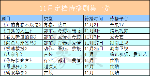 11月，《极速救援》《庆余年》等9部剧集定档待播_阵容
