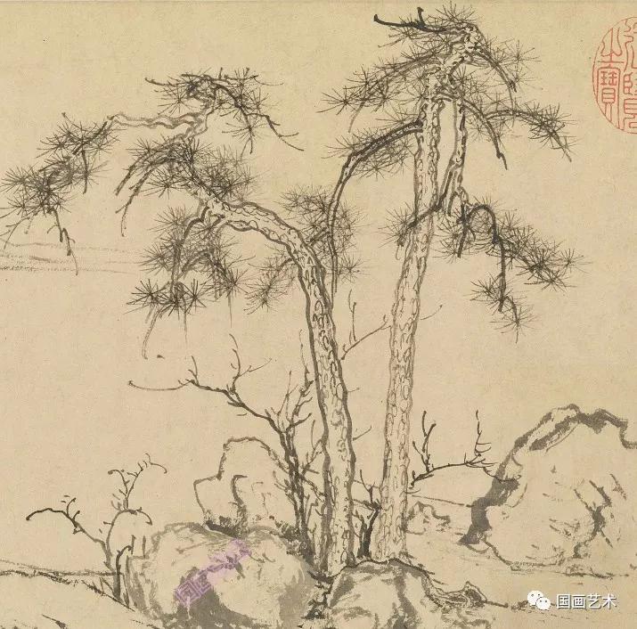 05秀石疏林图纸本,水墨,27.50×62.80cm,北京故宫博物院藏.