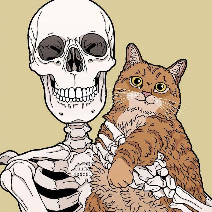 猫咪真是令人喜爱的小动物, 当恐怖的骷髅和猫猫在一起时,也瞬间变的