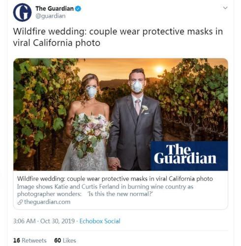 加州野火见证爱情美国新人戴口罩举行别样婚礼