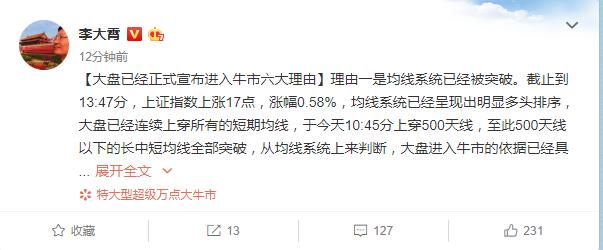 李大霄:大盘已经正式宣布进入牛市 六大理由