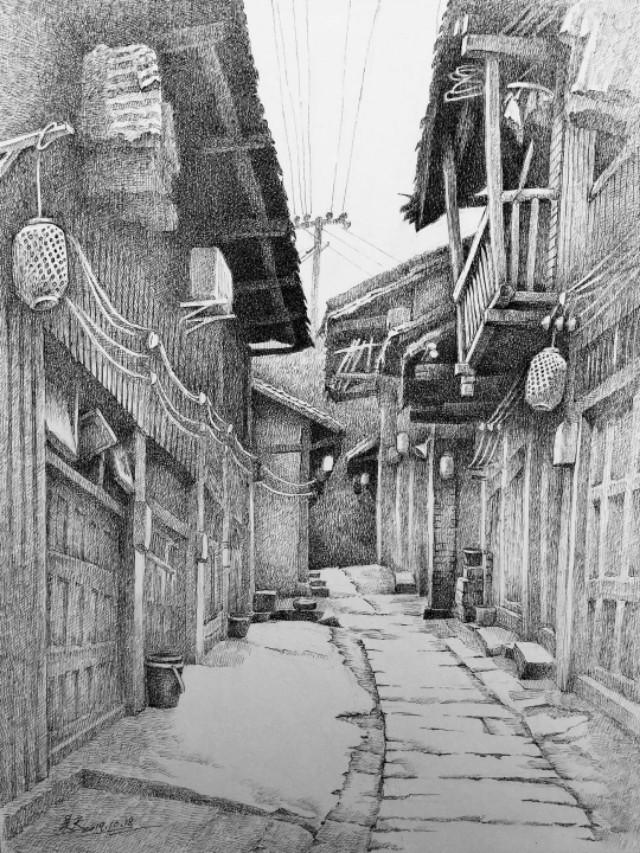 一位寄情于古镇的钢笔画家记吴天先生的大圩古镇写生作品分享