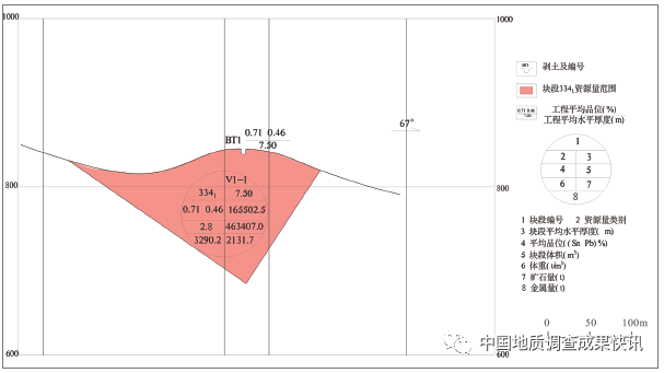 图3 矿隆坝锡多金属矿区v1号矿体资源量估算垂直纵投影图(3)综合莲花