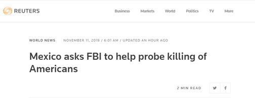 墨西哥邀FBI协助调查9人遇害案，要求其不得配备