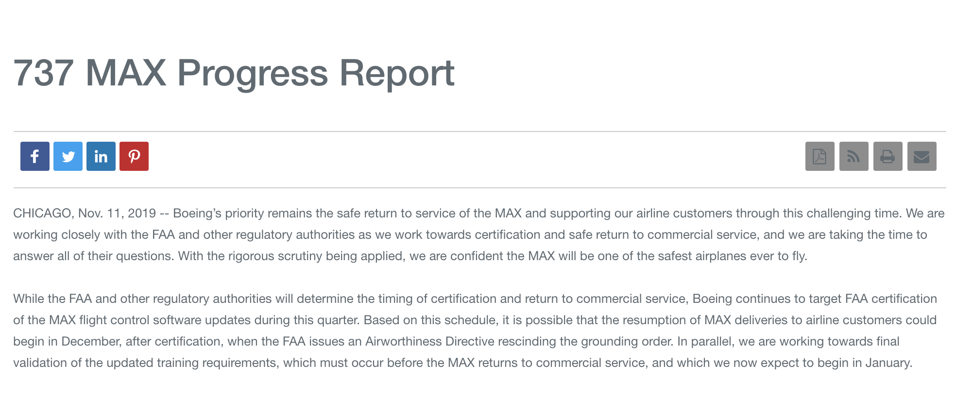 波音737MAX或于12月恢复交付，明年1月复飞