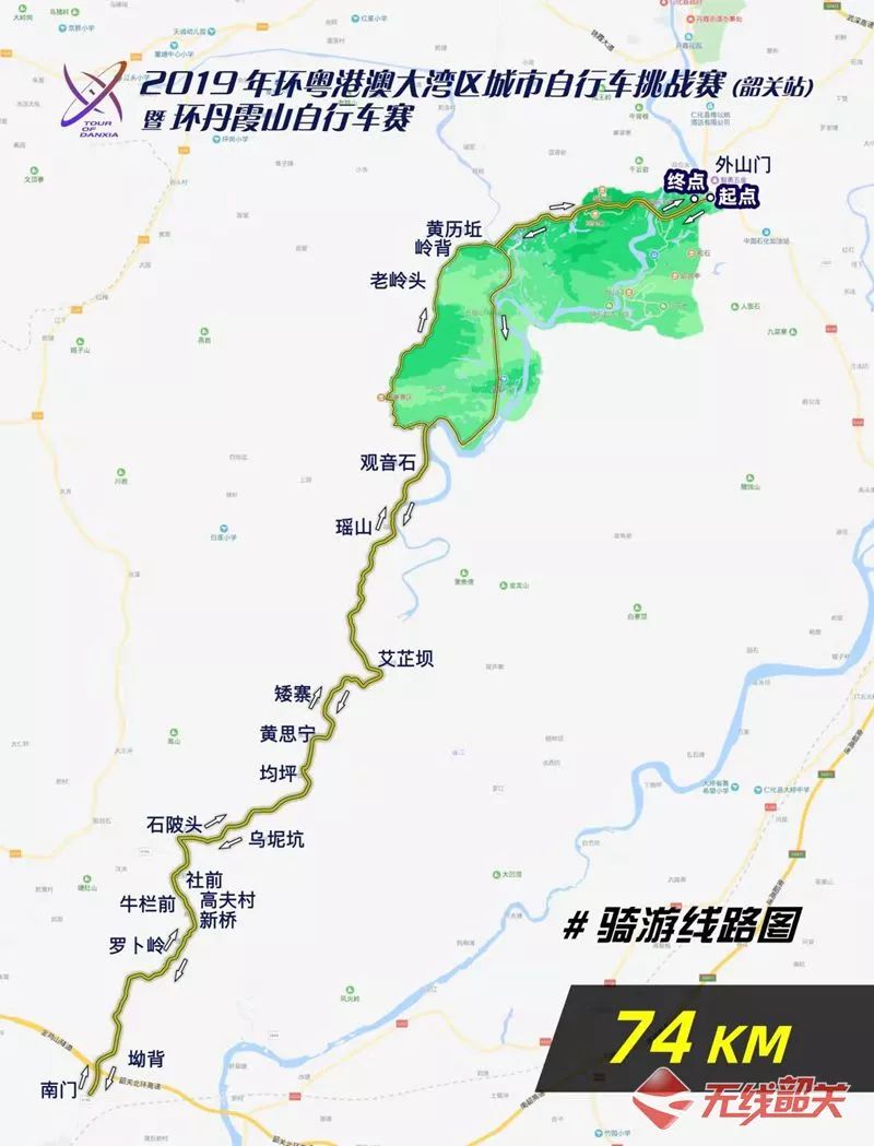 阅丹公路(瑶山→父子坝村→中心村→赤岸新村→萝卜岭)→丹霞山南门