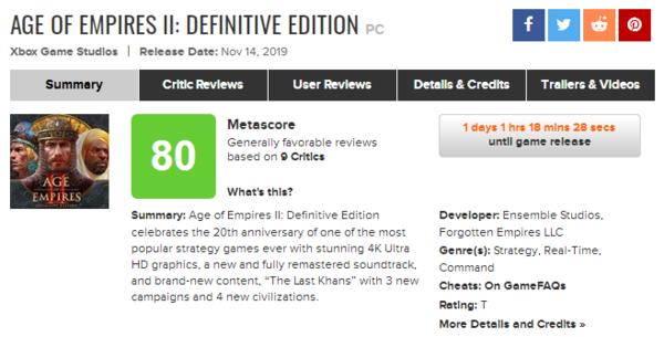 《帝国时代2：决定版》媒体评分解禁M站均分80多好评