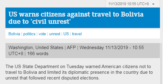 美国务院发布旅行建议：提醒公民勿前往玻利维亚，并撤出外交官家属