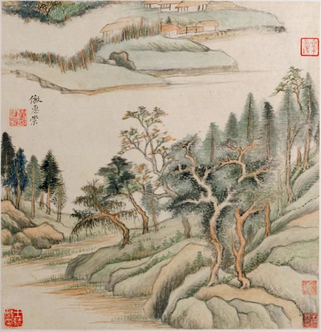 第三开,仿惠崇 设色画青溪两岸云树房屋.