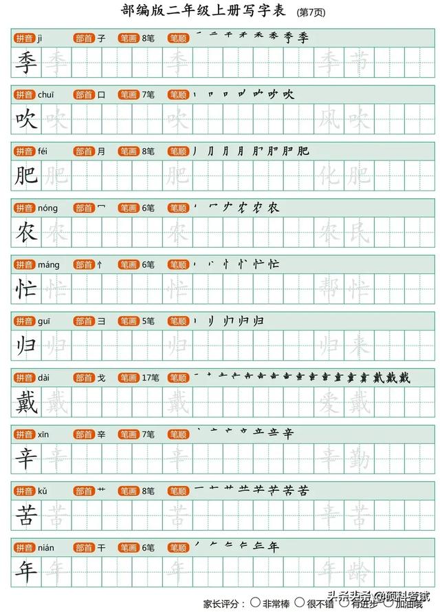 部编版二年级上册语文生字表字帖,拼音,部首,笔画和笔顺及组词