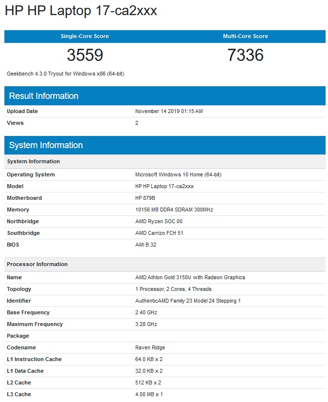 AMD速龙金牌3150U曝光：双核四线程，最高3.3GHz