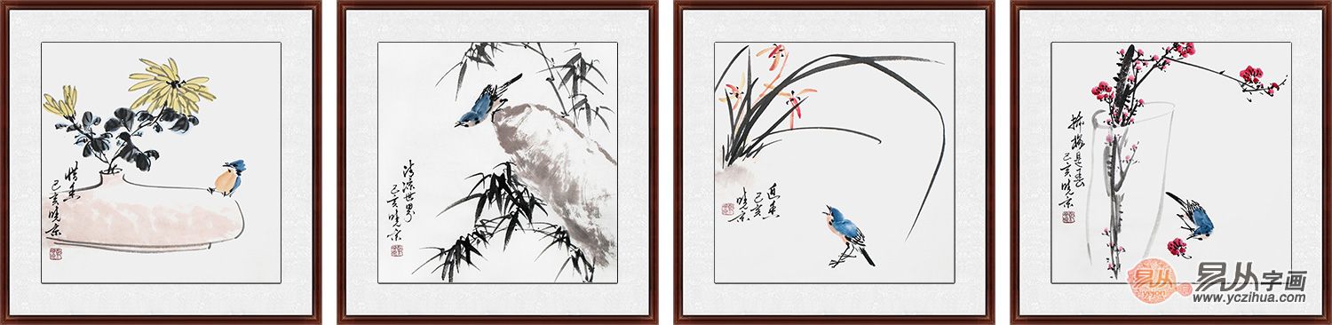 郑晓京老师斗方画四条屏《梅兰竹菊》(作品选自:易从网)