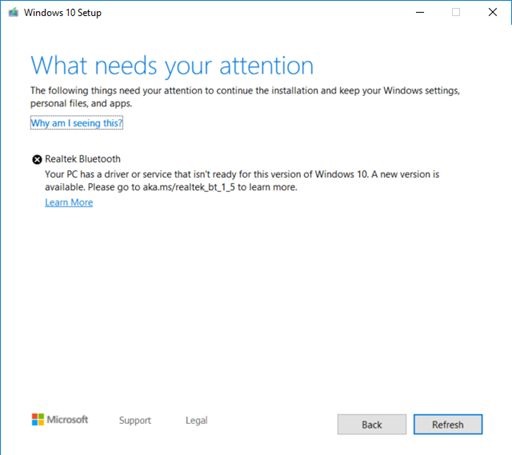 微软阻止安装了Realtek蓝牙设备旧驱动的Windows10更新到最新版
