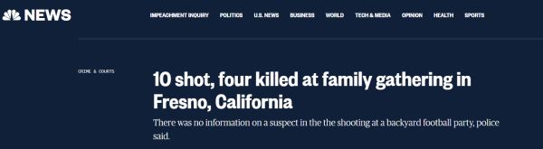 美国加州家庭聚会枪击事件：10人中枪，已有4人死亡