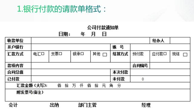 不同的结算方式，附在原始凭证后的单据也不一样请款单据的格式有几种：
