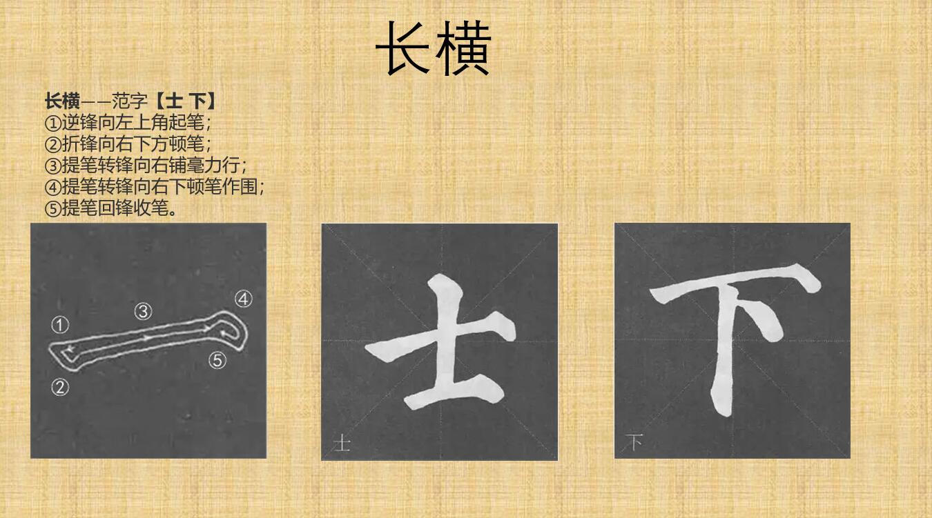 长横,范字:士,下一点成一字之规一字乃终篇之首,笔画写不好,决定着一