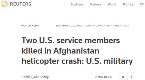 美一架直升机在阿富汗坠毁，塔利班称对此负责
