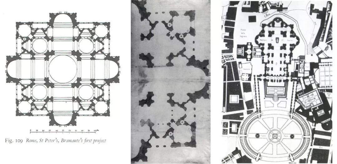 中:bramante的原稿. 右:最终的圣彼得大教堂平面图.