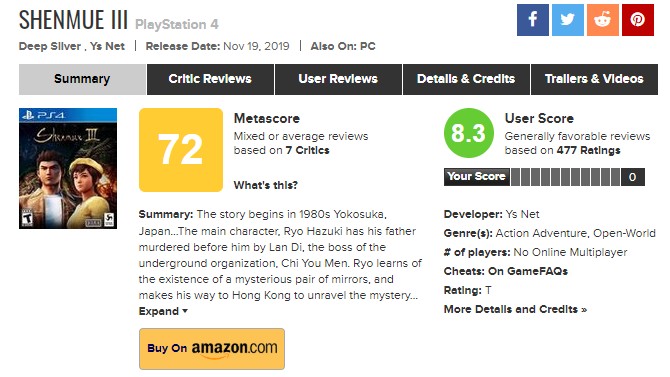 《莎木3》首批评分出炉Metacritic目前均分72