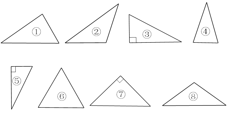 三角形是个大家庭.为了方便研究,我们先来看这8个不同的三角形.