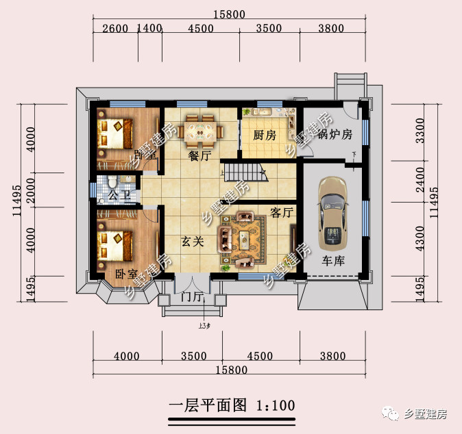 平面图1:玄关,客厅,厨房,餐厅,锅炉房,卫生间,卧室,车库.