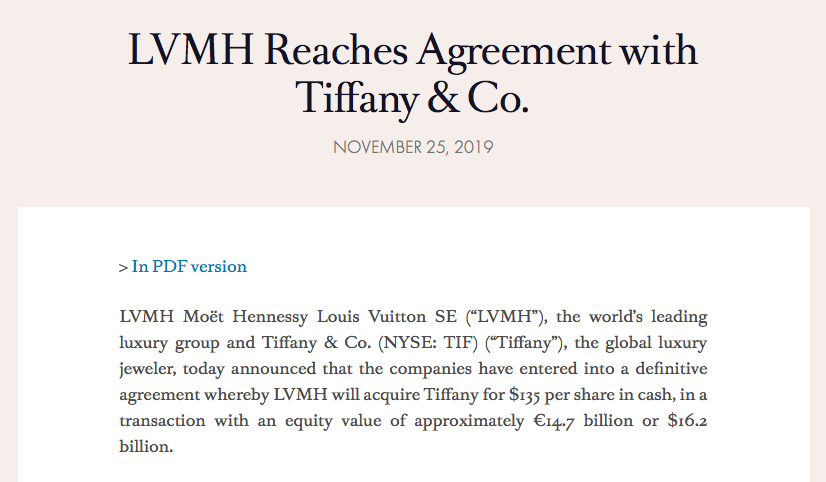 创纪录！LVMH162亿美元收购蒂凡尼，为什么是它？