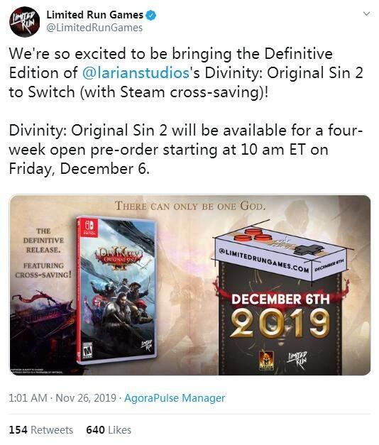 NS《神界：原罪2》将推出实体版支持Steam跨平台存档_游戏