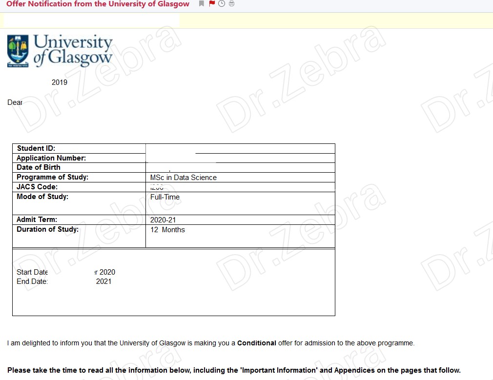 斑马博士留学中心、University of Glasgow、 MSc Data Science 、数据科学硕士