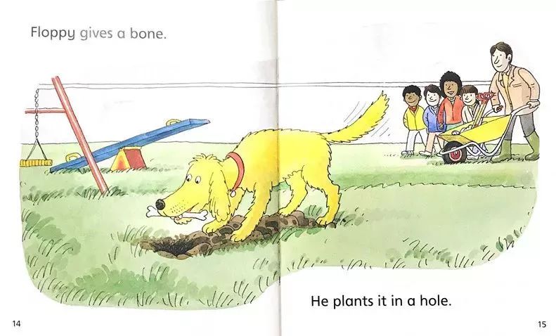 floppy gives a bone.弗洛皮种了一根骨头.he plants it in a hole.