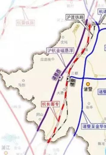 沪杭金磁悬浮线路是一条全新线路线路主体位于诸暨西部从规划图上看