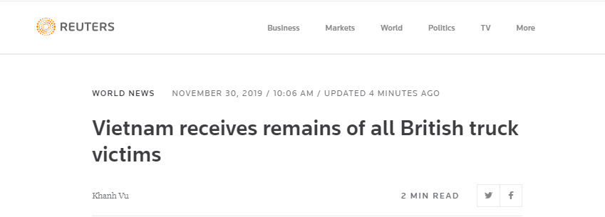 外媒：英國「死亡貨車」23名遇難者遺體今晨抵達越南河內，7具在英已火化 國際 第2張