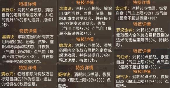 比如"四海升平"全体奶20%的血,"罗汉金钟"全体受到的法术伤害减半,无