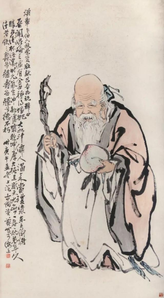 《寿星献桃》150cm×82cm 纸本设色 1930年