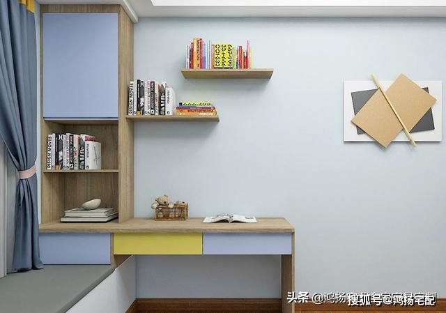 利用飘窗,做书桌书柜组合设计,扩大书籍的收纳空间.