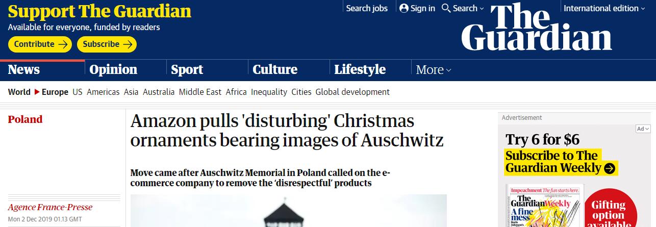 圣诞装饰品被指使用奥斯维辛集中营图像，亚马逊紧急撤下