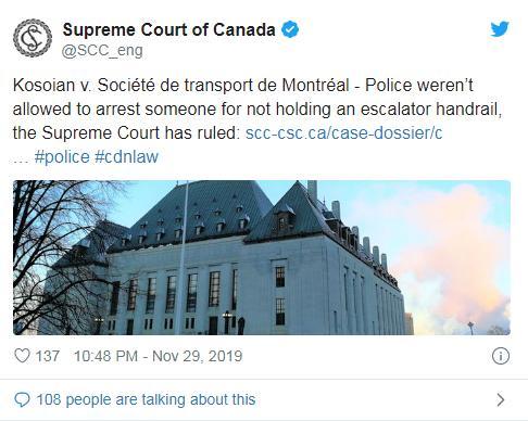 加拿大女子没扶电梯扶手被捕？法院判警方赔偿2万加币
